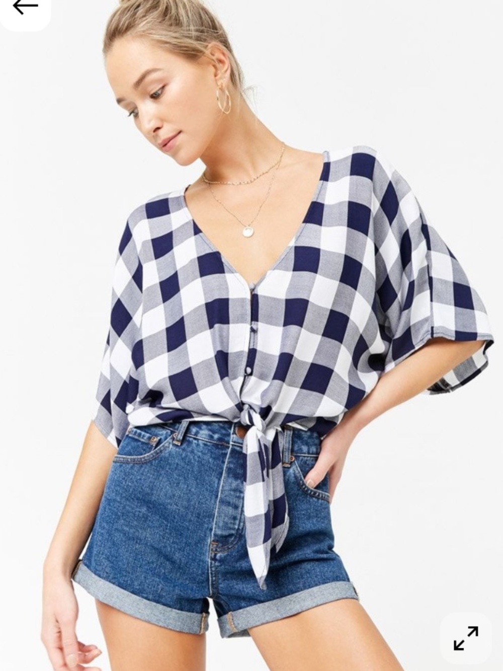 Forever 21 Crop top Gingham Checkered Blue and White tie front